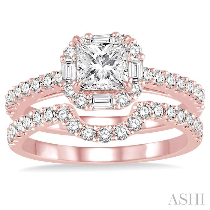 1 1/2 Ctw Diamond Wedding Set with 1 1/5 Ctw Princess Cut Engagement Ring and 1/3 Ctw Wedding Band in 14K Rose Gold