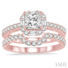 1 1/2 Ctw Diamond Wedding Set with 1 1/5 Ctw Princess Cut Engagement Ring and 1/3 Ctw Wedding Band in 14K Rose Gold