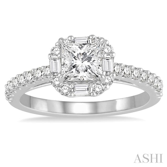 3/4 Ctw Diamond Engagement Ring with 1/4 Ct Princess Cut Center Stone in 14K White Gold