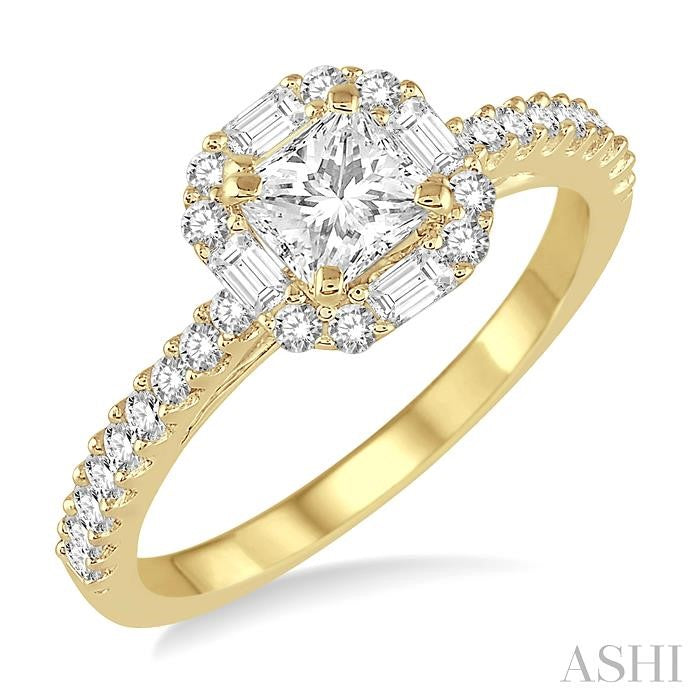 3/4 Ctw Diamond Engagement Ring with 1/4 Ct Princess Cut Center Stone in 14K Yellow Gold