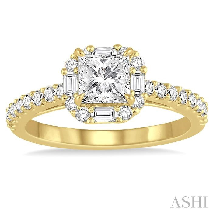 3/4 Ctw Diamond Engagement Ring with 1/4 Ct Princess Cut Center Stone in 14K Yellow Gold
