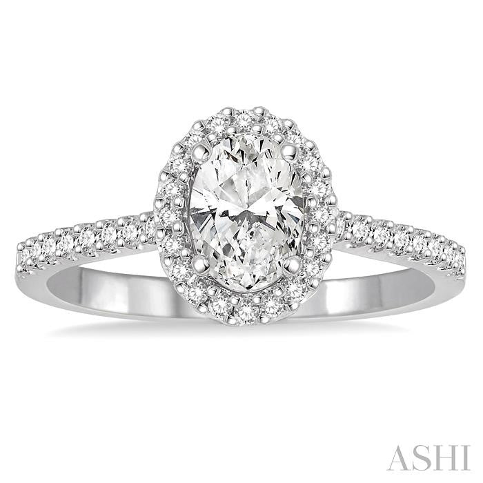 3/4 Ctw Diamond Engagement Ring with 1/2 Ct Oval Cut Center Stone in 14K White Gold