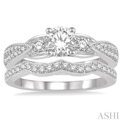 1 1/5 Ctw Diamond Bridal Set with 1 Ctw Round Cut Engagement Ring and 1/5 Ctw Wedding Band in 14K White Gold