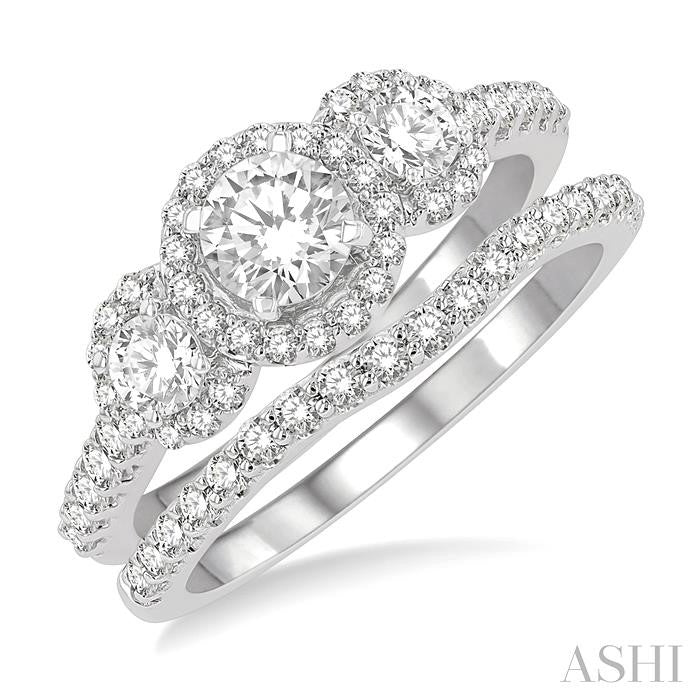 1 1/4 Ctw Diamond Wedding Set With 1 Ct Triple Round Shape Past, Present & Future Engagement Ring and 1/4 Ct Curved Wedding Band in 14K White Gold
