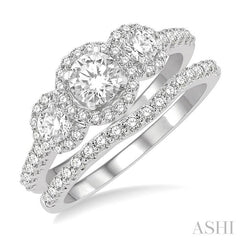 1 1/4 Ctw Diamond Wedding Set With 1 Ct Triple Round Shape Past, Present & Future Engagement Ring and 1/4 Ct Curved Wedding Band in 14K White Gold