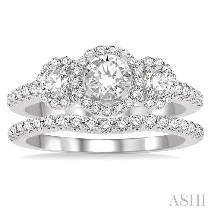 1 1/4 Ctw Diamond Wedding Set With 1 Ct Triple Round Shape Past, Present & Future Engagement Ring and 1/4 Ct Curved Wedding Band in 14K White Gold