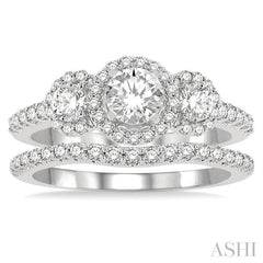 1 1/4 Ctw Diamond Wedding Set With 1 Ct Triple Round Shape Past, Present & Future Engagement Ring and 1/4 Ct Curved Wedding Band in 14K White Gold