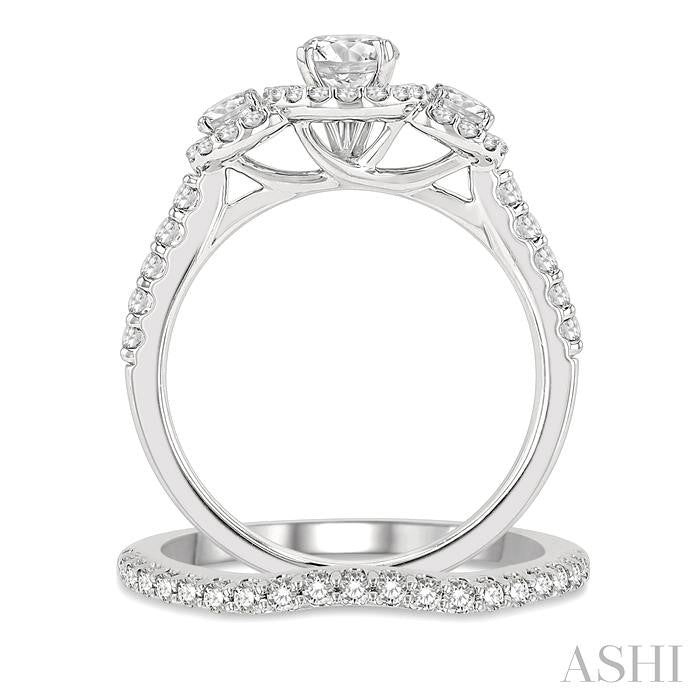 1 1/4 Ctw Diamond Wedding Set With 1 Ct Triple Round Shape Past, Present & Future Engagement Ring and 1/4 Ct Curved Wedding Band in 14K White Gold