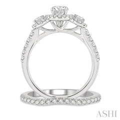 1 1/4 Ctw Diamond Wedding Set With 1 Ct Triple Round Shape Past, Present & Future Engagement Ring and 1/4 Ct Curved Wedding Band in 14K White Gold
