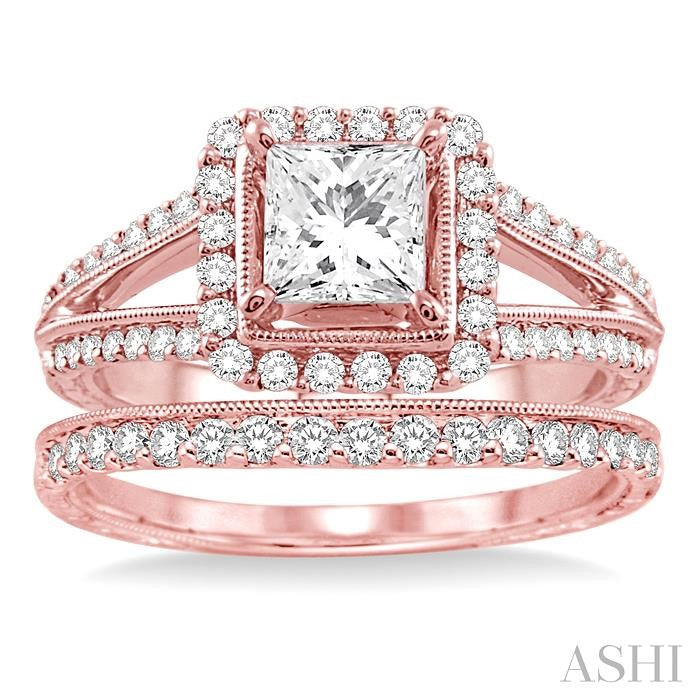 1 3/8 Ctw Diamond Wedding Set with 1 1/6 Ctw Princess Cut Engagement Ring and 1/4 Ctw Wedding Band in 14K Rose Gold