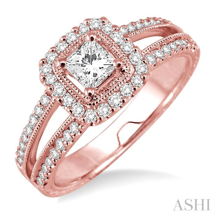 3/4 Ctw Diamond Engagement Ring with 1/3 Ct Princess Cut Center Stone in 14K Rose Gold