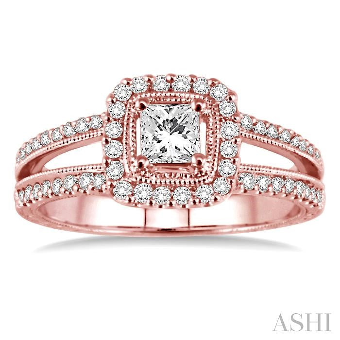 3/4 Ctw Diamond Engagement Ring with 1/3 Ct Princess Cut Center Stone in 14K Rose Gold