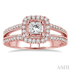 3/4 Ctw Diamond Engagement Ring with 1/3 Ct Princess Cut Center Stone in 14K Rose Gold