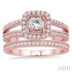 7/8 Ctw Diamond Wedding Set with 3/4 Ctw Princess Cut Engagement Ring and 1/6 Ctw Wedding Band in 14K Rose Gold