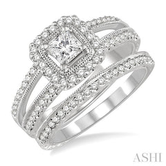 7/8 Ctw Diamond Wedding Set with 3/4 Ctw Princess Cut Engagement Ring and 1/6 Ctw Wedding Band in 14K White Gold