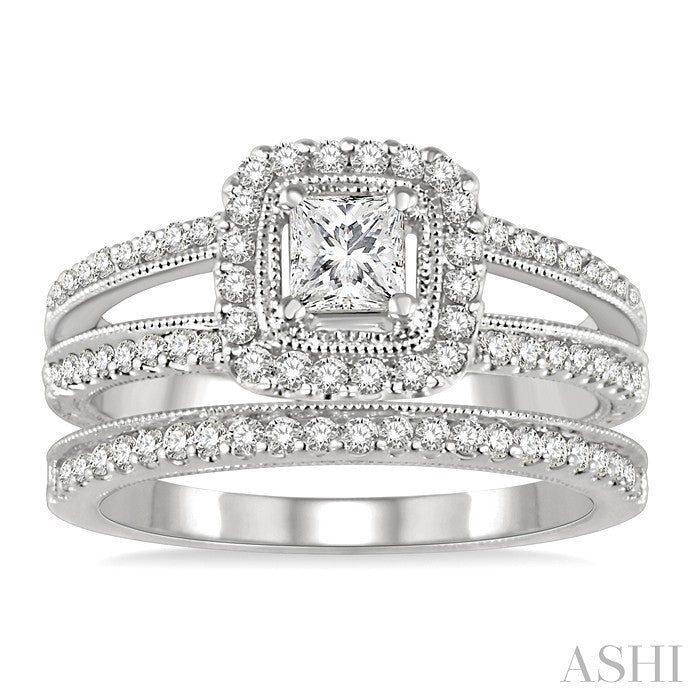 7/8 Ctw Diamond Wedding Set with 3/4 Ctw Princess Cut Engagement Ring and 1/6 Ctw Wedding Band in 14K White Gold