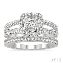 7/8 Ctw Diamond Wedding Set with 3/4 Ctw Princess Cut Engagement Ring and 1/6 Ctw Wedding Band in 14K White Gold