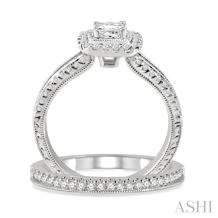 7/8 Ctw Diamond Wedding Set with 3/4 Ctw Princess Cut Engagement Ring and 1/6 Ctw Wedding Band in 14K White Gold