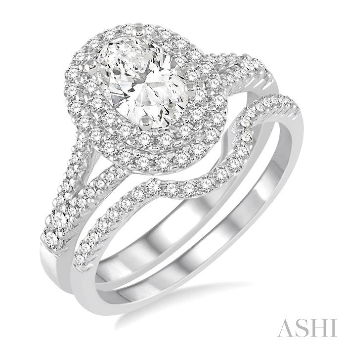 1 1/6 Ctw Diamond Bridal Set with 1 Ctw Oval Cut Engagement Ring and 1/6 Ctw Wedding Band in 14K White Gold