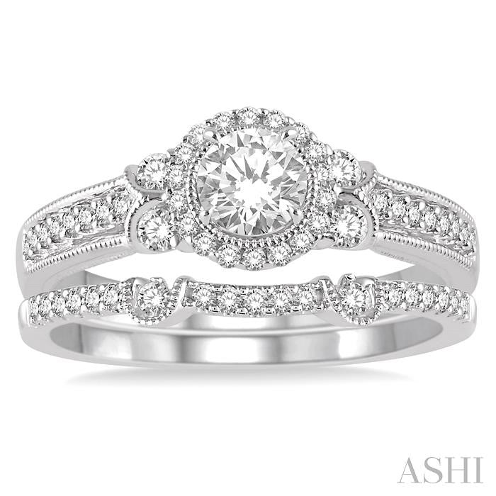 1/2 Ctw Diamond Bridal Set with 1/2 Ctw Round Cut Engagement Ring and 1/10 Ctw Wedding Band in 14K White Gold