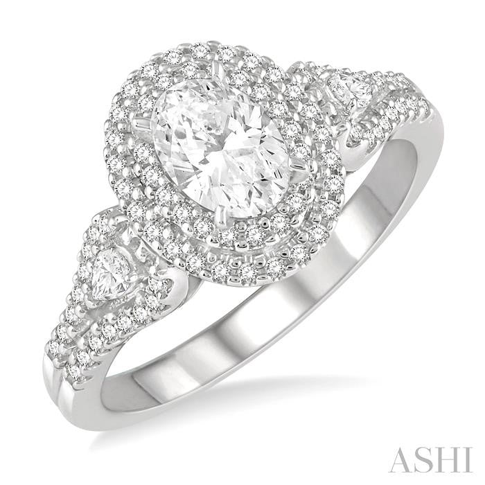 7/8 Ctw Twin Halo Pear and Round Cut Diamond Engagement Ring With 3/8 Ct Oval Cut Center Stone in 14K White Gold