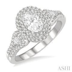 7/8 Ctw Twin Halo Pear and Round Cut Diamond Engagement Ring With 3/8 Ct Oval Cut Center Stone in 14K White Gold