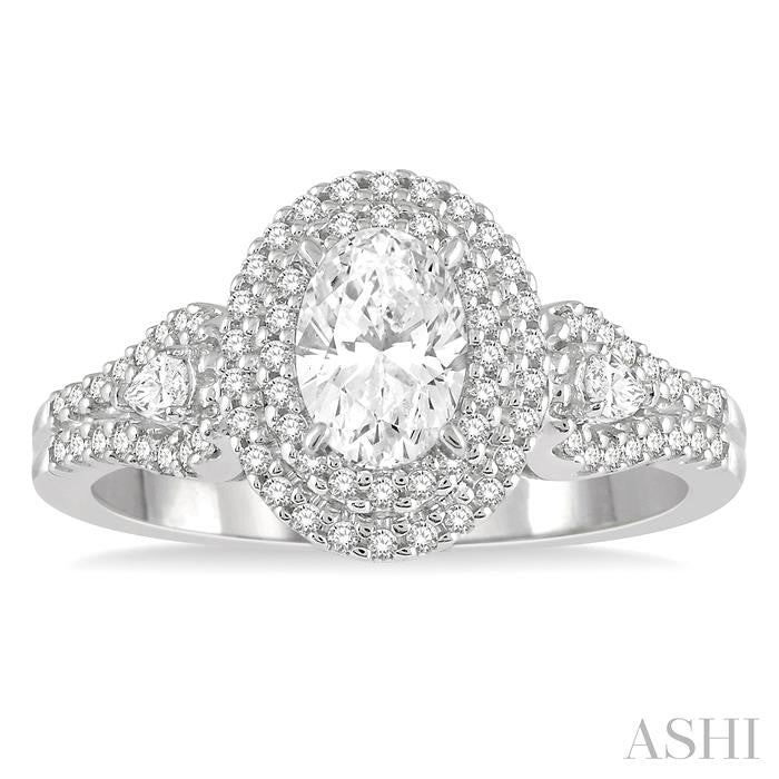 7/8 Ctw Twin Halo Pear and Round Cut Diamond Engagement Ring With 3/8 Ct Oval Cut Center Stone in 14K White Gold