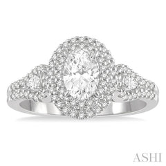 7/8 Ctw Twin Halo Pear and Round Cut Diamond Engagement Ring With 3/8 Ct Oval Cut Center Stone in 14K White Gold