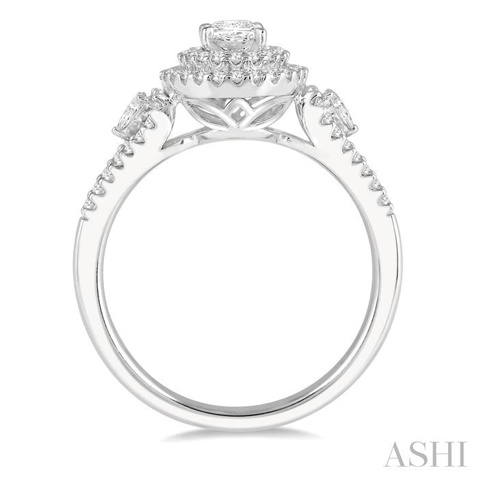 7/8 Ctw Twin Halo Pear and Round Cut Diamond Engagement Ring With 3/8 Ct Oval Cut Center Stone in 14K White Gold