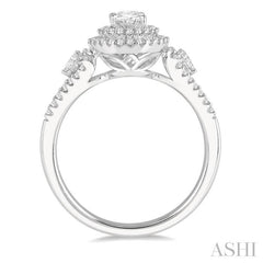 7/8 Ctw Twin Halo Pear and Round Cut Diamond Engagement Ring With 3/8 Ct Oval Cut Center Stone in 14K White Gold