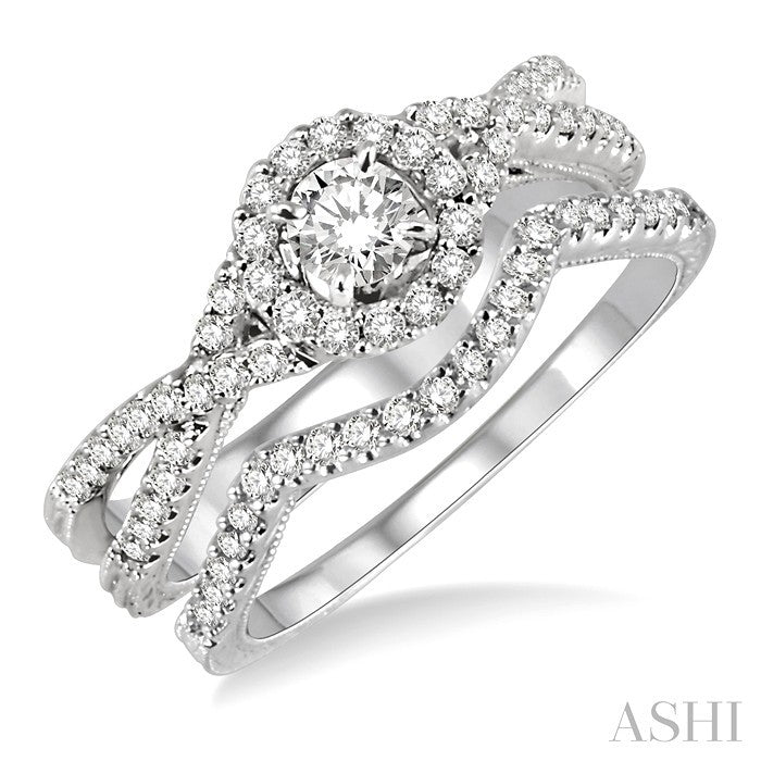 3/4 Ctw Diamond Wedding Set with 1/2 Ctw Round Cut Engagement Ring and 1/6 Ctw Wedding Band in 14K White Gold