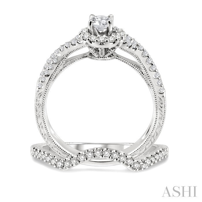 3/4 Ctw Diamond Wedding Set with 1/2 Ctw Round Cut Engagement Ring and 1/6 Ctw Wedding Band in 14K White Gold