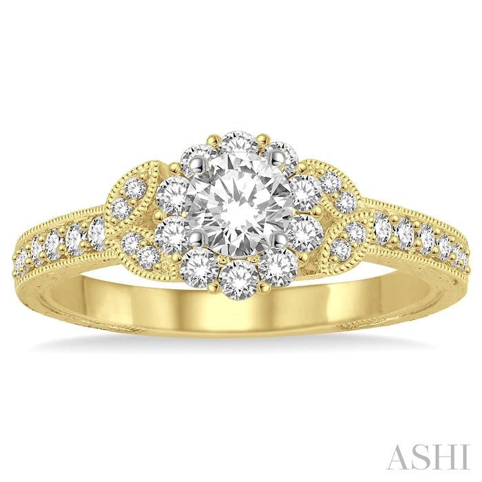 1/2 Ctw Diamond Engagement Ring with 1/5 Ct Round Cut Center Stone in 14K Yellow and White Gold