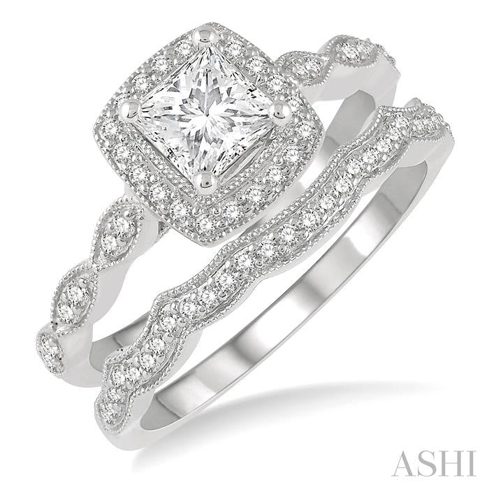 5/8 Ctw Diamond Wedding Set With 1/2 Ctw Princess & Round Cut Diamond Engagement Ring and 1/10 Ctw Wedding Band in 14K White gold