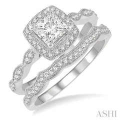 5/8 Ctw Diamond Wedding Set With 1/2 Ctw Princess & Round Cut Diamond Engagement Ring and 1/10 Ctw Wedding Band in 14K White gold