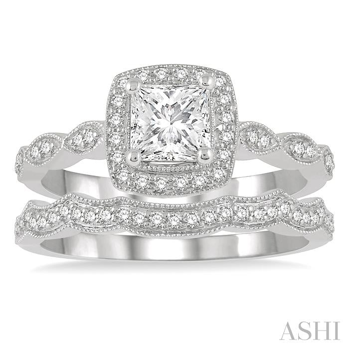 5/8 Ctw Diamond Wedding Set With 1/2 Ctw Princess & Round Cut Diamond Engagement Ring and 1/10 Ctw Wedding Band in 14K White gold