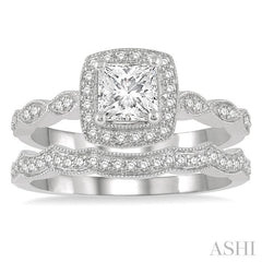 5/8 Ctw Diamond Wedding Set With 1/2 Ctw Princess & Round Cut Diamond Engagement Ring and 1/10 Ctw Wedding Band in 14K White gold