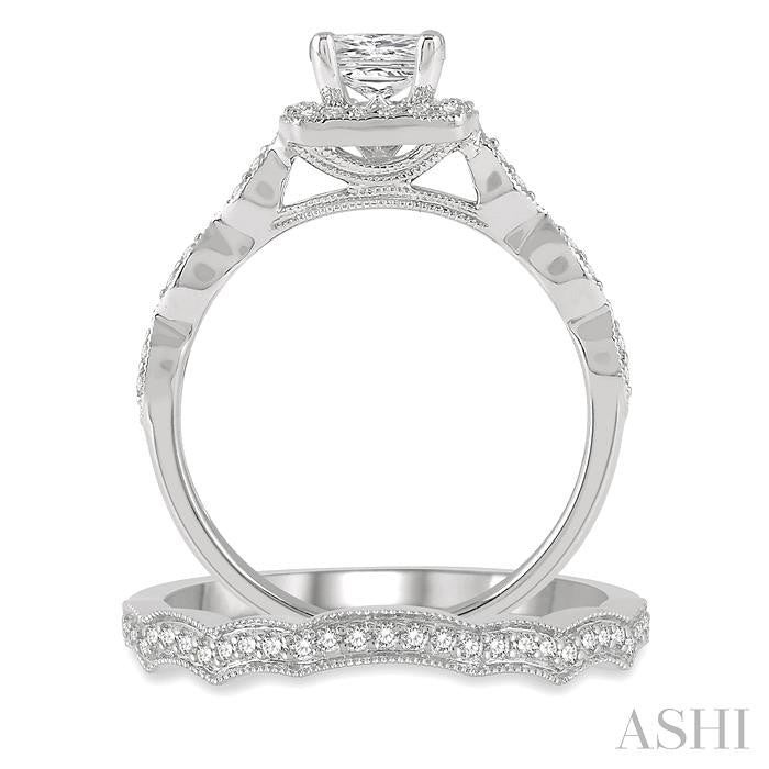 5/8 Ctw Diamond Wedding Set With 1/2 Ctw Princess & Round Cut Diamond Engagement Ring and 1/10 Ctw Wedding Band in 14K White gold