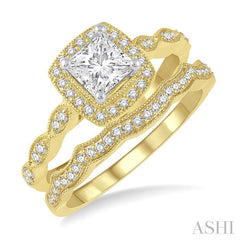 5/8 Ctw Diamond Wedding Set With 1/2 Ctw Princess & Round Cut Diamond Engagement Ring in 14K Yellow & White Gold and 1/10 Ctw Band in 14K Yellow gold