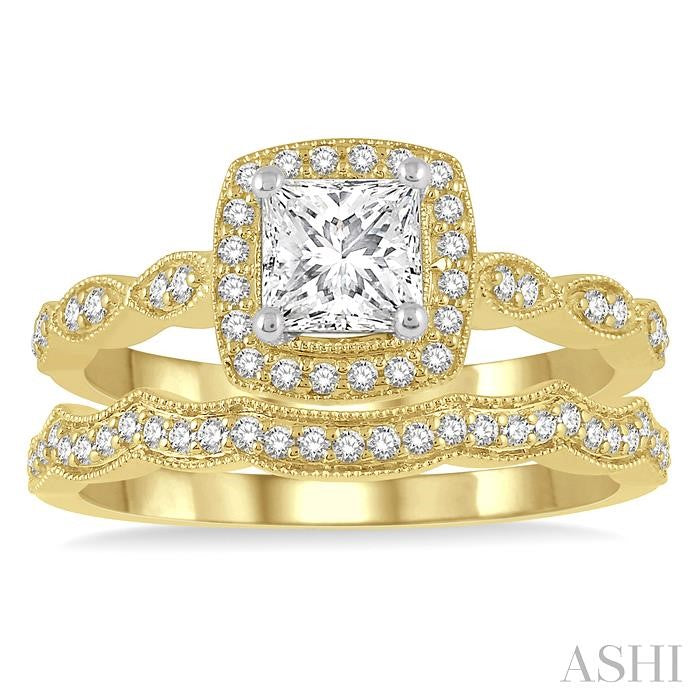 5/8 Ctw Diamond Wedding Set With 1/2 Ctw Princess & Round Cut Diamond Engagement Ring in 14K Yellow & White Gold and 1/10 Ctw Band in 14K Yellow gold