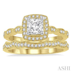5/8 Ctw Diamond Wedding Set With 1/2 Ctw Princess & Round Cut Diamond Engagement Ring in 14K Yellow & White Gold and 1/10 Ctw Band in 14K Yellow gold