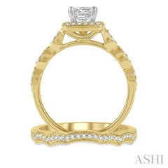 5/8 Ctw Diamond Wedding Set With 1/2 Ctw Princess & Round Cut Diamond Engagement Ring in 14K Yellow & White Gold and 1/10 Ctw Band in 14K Yellow gold
