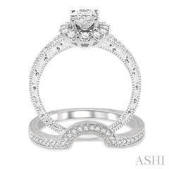 1 1/3 Ctw Diamond Wedding Set With 1 1/6 Ctw Oval Cut Diamond Engagement Ring and 1/6 Ctw Curve Center Wedding Band in 14K White Gold