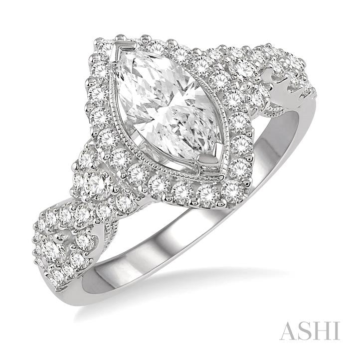 3/4 Ctw Marquise Shape Twisted Shank Semi-Mount Round Cut Diamond Engagement Ring in 14K White Gold