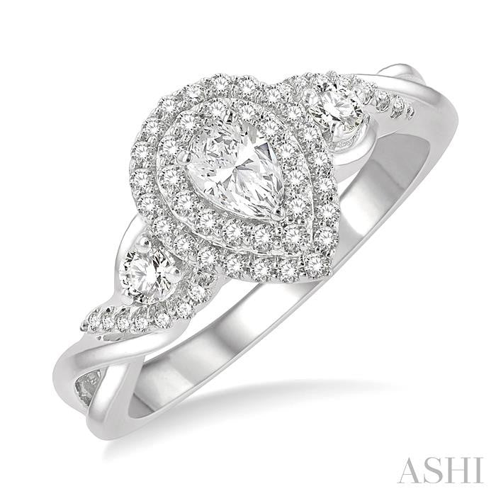 5/8 Ctw Split Twisted Shank Round Cut Diamond Engagement Ring With 1/4 Ct Pear Cut Center Stone in 14K White Gold
