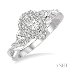 5/8 Ctw Split Twisted Shank Round Cut Diamond Engagement Ring With 1/4 Ct Pear Cut Center Stone in 14K White Gold