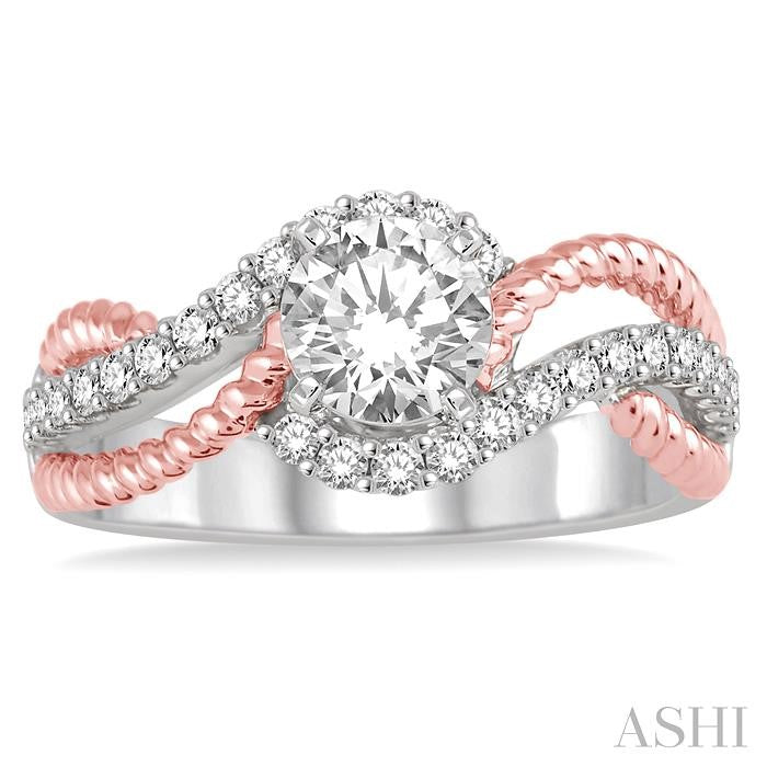 1 1/10 Ctw Diamond Engagement Ring with 3/4 Ct Round Cut Center Stone in 14K White and Rose Gold