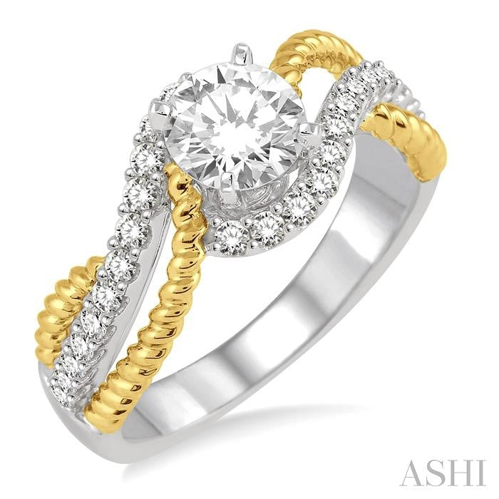 1 1/10 Ctw Diamond Engagement Ring with 3/4 Ct Round Cut Center Stone in 14K White and Yellow Gold