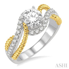 1 1/10 Ctw Diamond Engagement Ring with 3/4 Ct Round Cut Center Stone in 14K White and Yellow Gold
