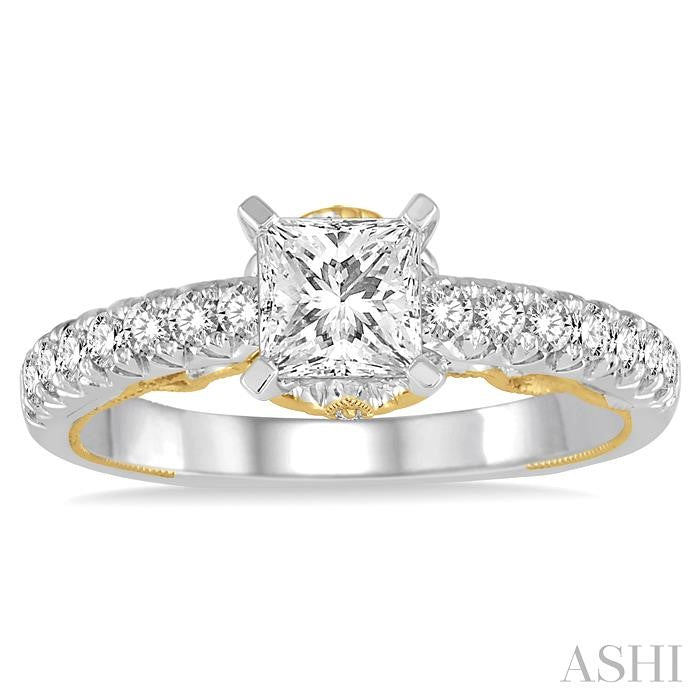 1 Ctw Diamond Engagement Ring with 5/8 Ct Princess Cut Center Stone in 14K White and Yellow Gold